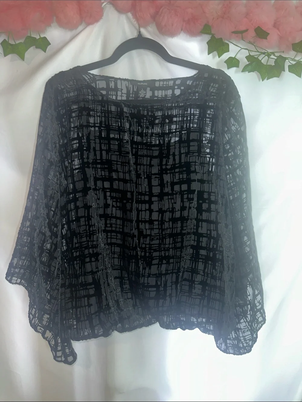 Alfani Black Sheer Grid-Print Blouse - Picture 1 of 8